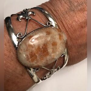 Sunstone Stamped 925 Sterling Silver Cuff Bracelet